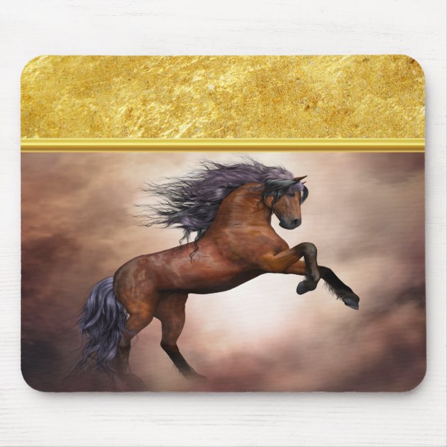 Friesian brown horse rearing up with misty clouds mouse mat (Front)