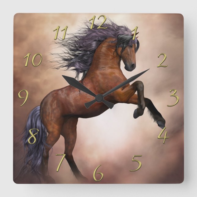 Friesian brown horse rearing up with misty clouds square wall clock (Front)
