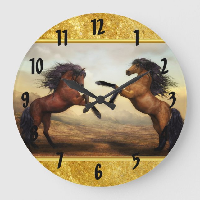 Friesian Draft Horses in a rocky mountain valley Large Clock (Front)