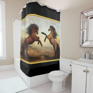 Friesian Draught Horses in a rocky mountain valley Shower Curtain