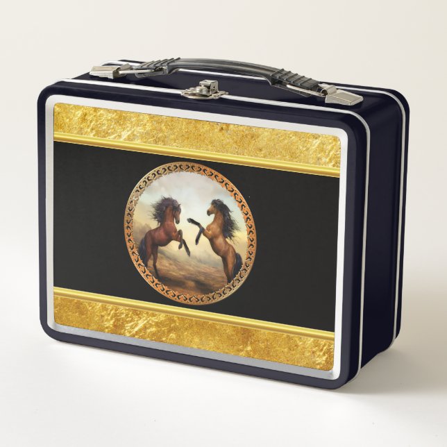 Friesian Draught Horses with gold foil design Metal Lunch Box (Front)