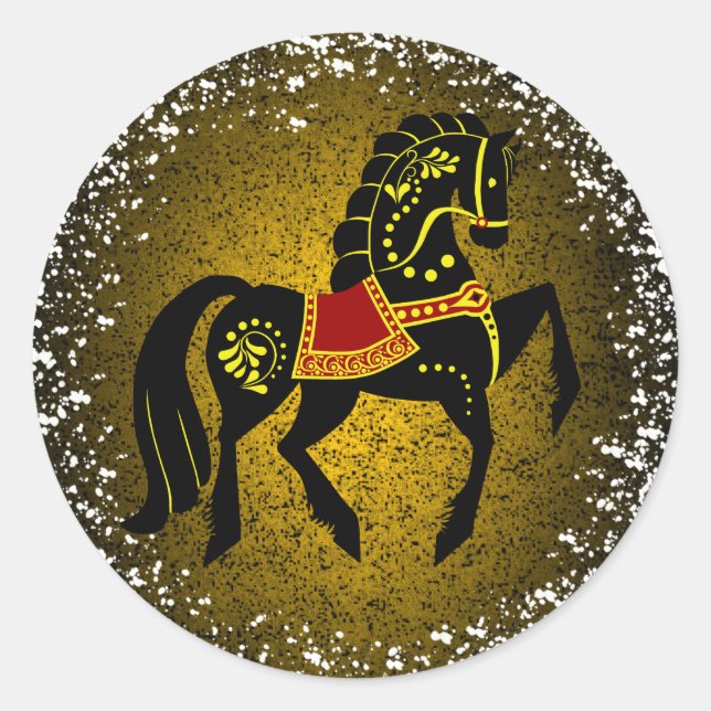 Friesian Folk black stallion/beauty,snow, gold Classic Round Sticker (Front)