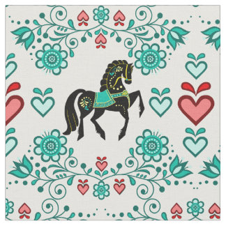 Friesian/Frisian Folk horse aqua/black,hearts, 4" Fabric