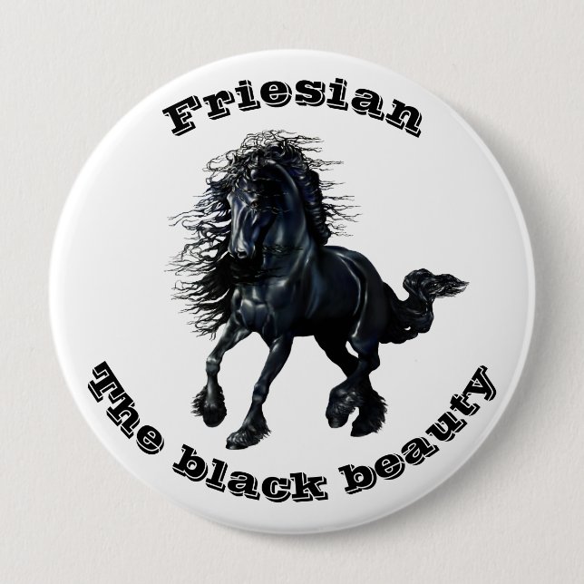 Friesian horse, black beauty stallion 10 cm round badge (Front)