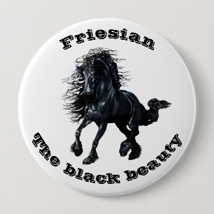 Friesian horse, black beauty stallion 10 cm round badge