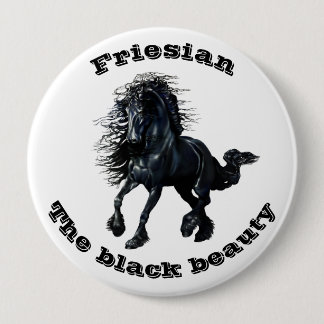 Friesian horse, black beauty stallion 10 cm round badge