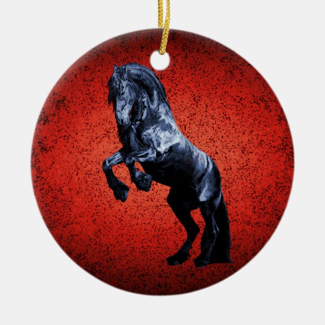 Friesian horse, black beauty stallion, cartooned 2 ceramic tree decoration (Front)
