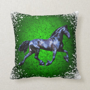 Friesian horse, black beauty stallion, snow green cushion