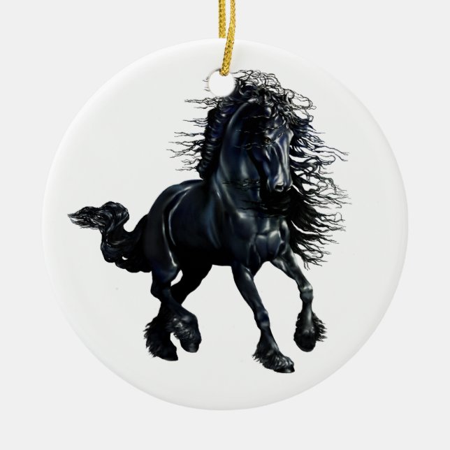 Friesian horse, black stallion beauty ceramic tree decoration (Front)