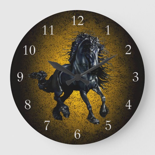 Friesian horse, black stallion beauty gold granite large clock (Front)