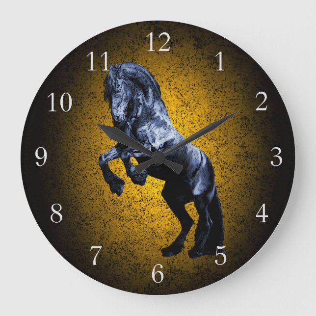 Friesian horse, black stallion beauty gold granite large clock (Front)