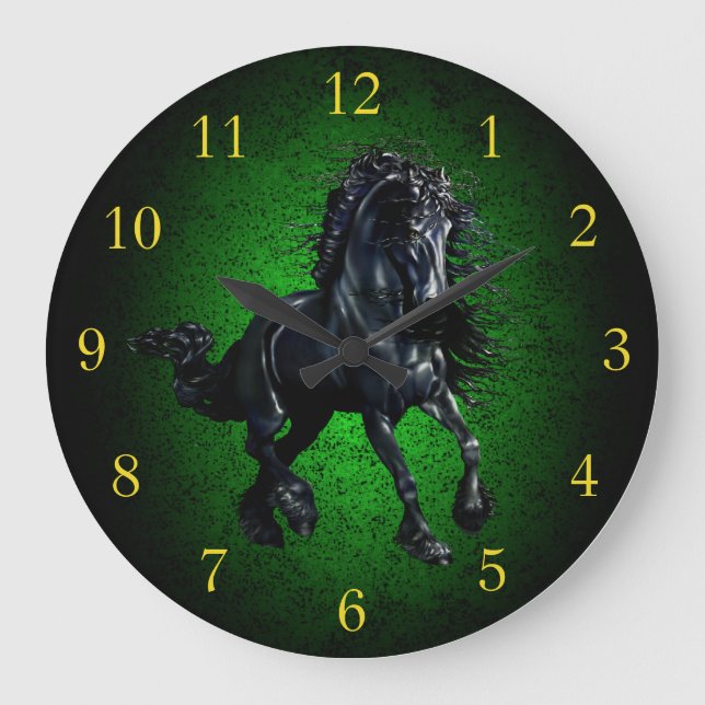 Friesian horse/black stallion beauty green granite large clock (Front)