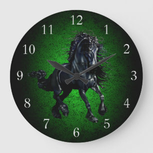 Friesian horse/black stallion beauty green granite large clock