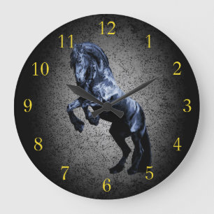 Friesian horse,black stallion beauty grey granite large clock