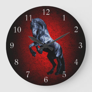 Friesian horse, black stallion beauty red granite large clock