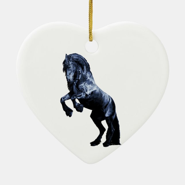 Friesian horse, black stallion, red heart ceramic tree decoration (Back)