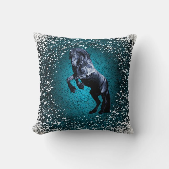Friesian horse, black stallion, snow, blue cushion (Front)