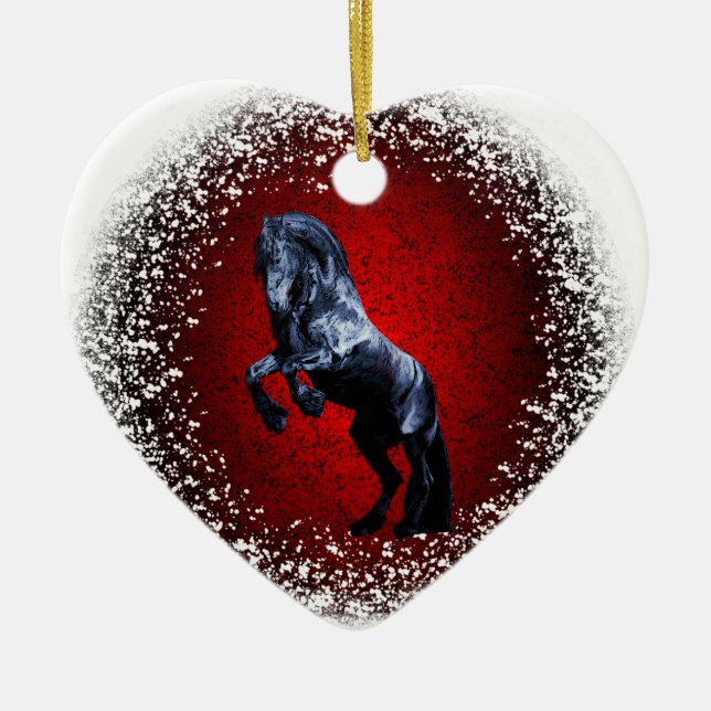 Friesian horse, black stallion,snow, red granite ceramic tree decoration (Front)