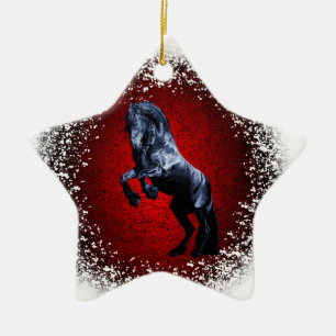 Friesian horse, black stallion,snow,red granite ceramic tree decoration