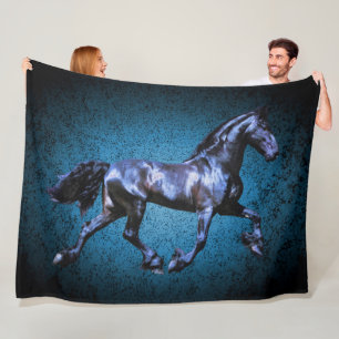 Friesian horse, black stallion trotting, blue fleece blanket