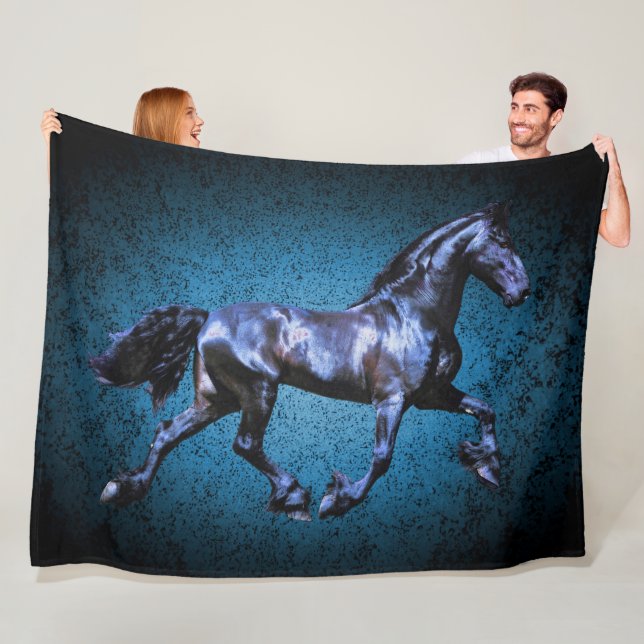 Friesian horse, black stallion trotting, blue fleece blanket (In Situ)