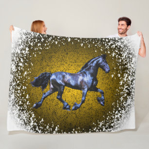 Friesian horse,black stallion trotting,snow gold fleece blanket