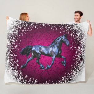 Friesian horse,black stallion trotting,snow pink fleece blanket