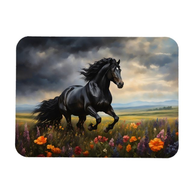 Friesian Horse Galloping Wildflowers Magnet (Horizontal)