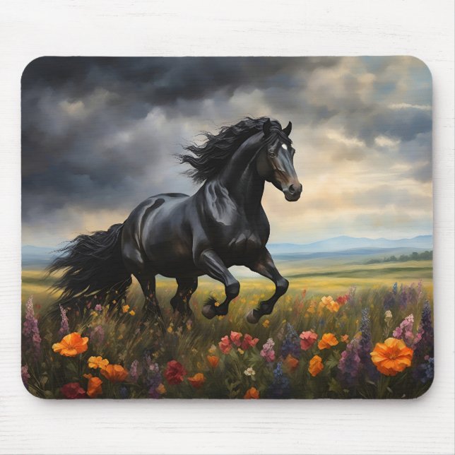 Friesian Horse Galloping Wildflowers Mouse Mat (Front)
