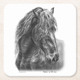 Friesian Horse Portrait Wavy Mane Square Paper Coaster