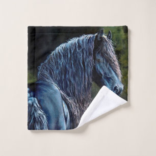 Friesian stallion horse in spotlight, painting b bath towel set