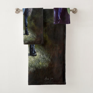Friesian stallion horse in spotlight, painting   bath towel set