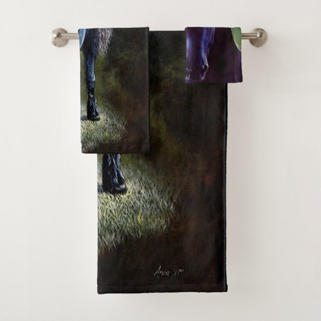 Friesian stallion horse in spotlight, painting   bath towel set (Insitu)