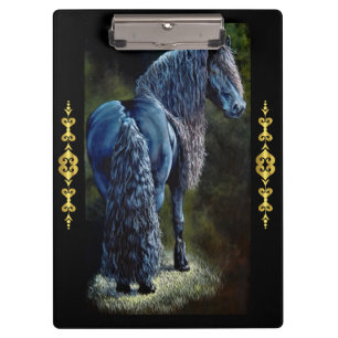 Friesian stallion horse in spotlight, painting clipboard