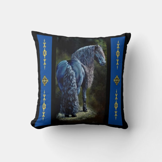 Friesian stallion horse in spotlight, painting  cushion (Front)