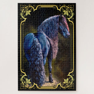 Friesian stallion horse in spotlight, painting jigsaw puzzle