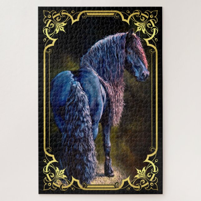 Friesian stallion horse in spotlight, painting   jigsaw puzzle (Vertical)
