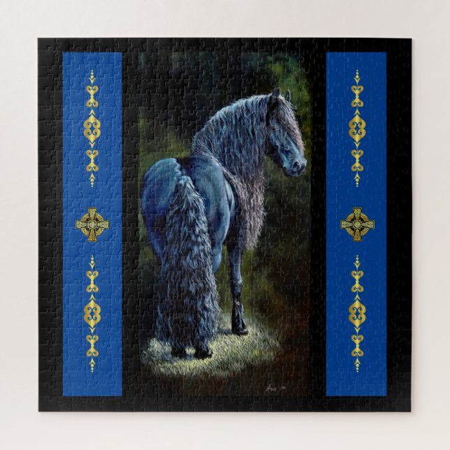 Friesian stallion horse in spotlight, painting   jigsaw puzzle (Vertical)