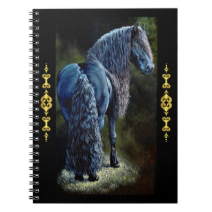 Friesian stallion horse in spotlight, painting    notebook