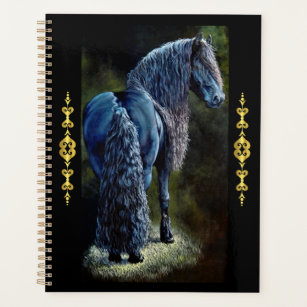 Friesian stallion horse in spotlight, painting  planner