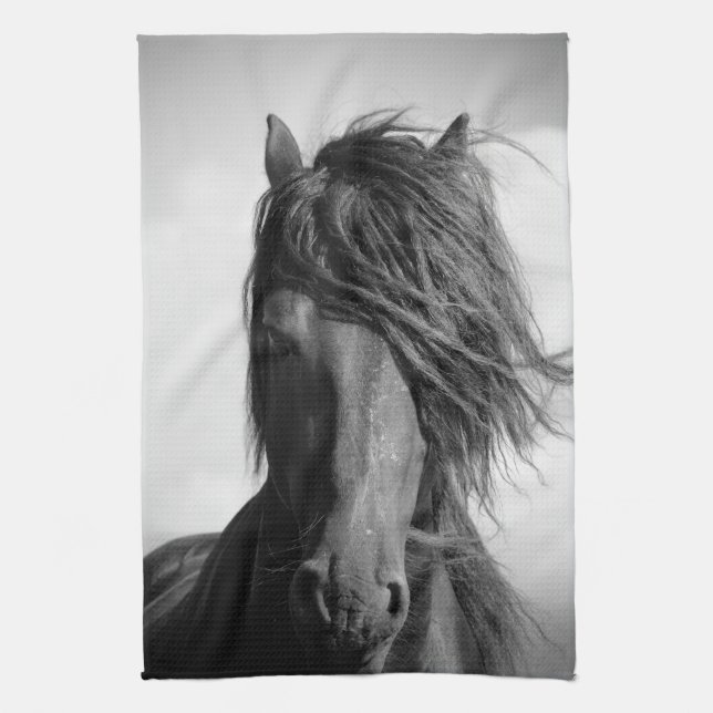 Friesian stallion in the wind. tea towel (Vertical)