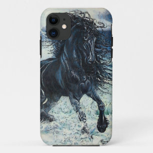 "Friesian Storm" black stallion, cartooned iPhone 11 Case