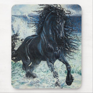 "Friesian Storm" black stallion, cartooned Mouse Mat