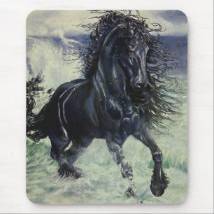 "Friesian Storm" black stallion in ocean Mouse Mat