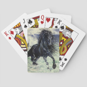 Friesian Storm, the black beauty stallion in ocean Playing Cards