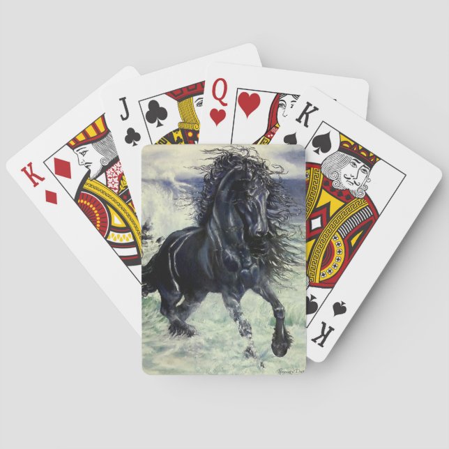 Friesian Storm, the black beauty stallion in ocean Playing Cards (Back)
