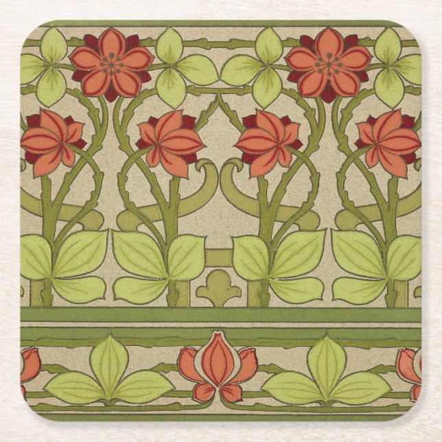 Frieze Border Art Nouveau Floral Square Paper Coaster (Front)