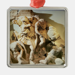 Frieze detail of a battle scene metal tree decoration