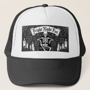 Fright Night Fun: Skeleton on Throne Design Trucker Hat
