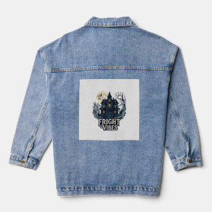 Fright Vibes Haloween Haunted House Full Moon Bats Denim Jacket